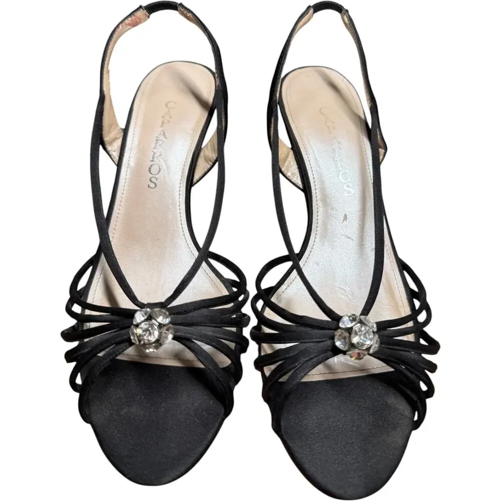 CAPARROS 9M Black Satin Formal Sandal Multu Strap Cage Central Rhinestone